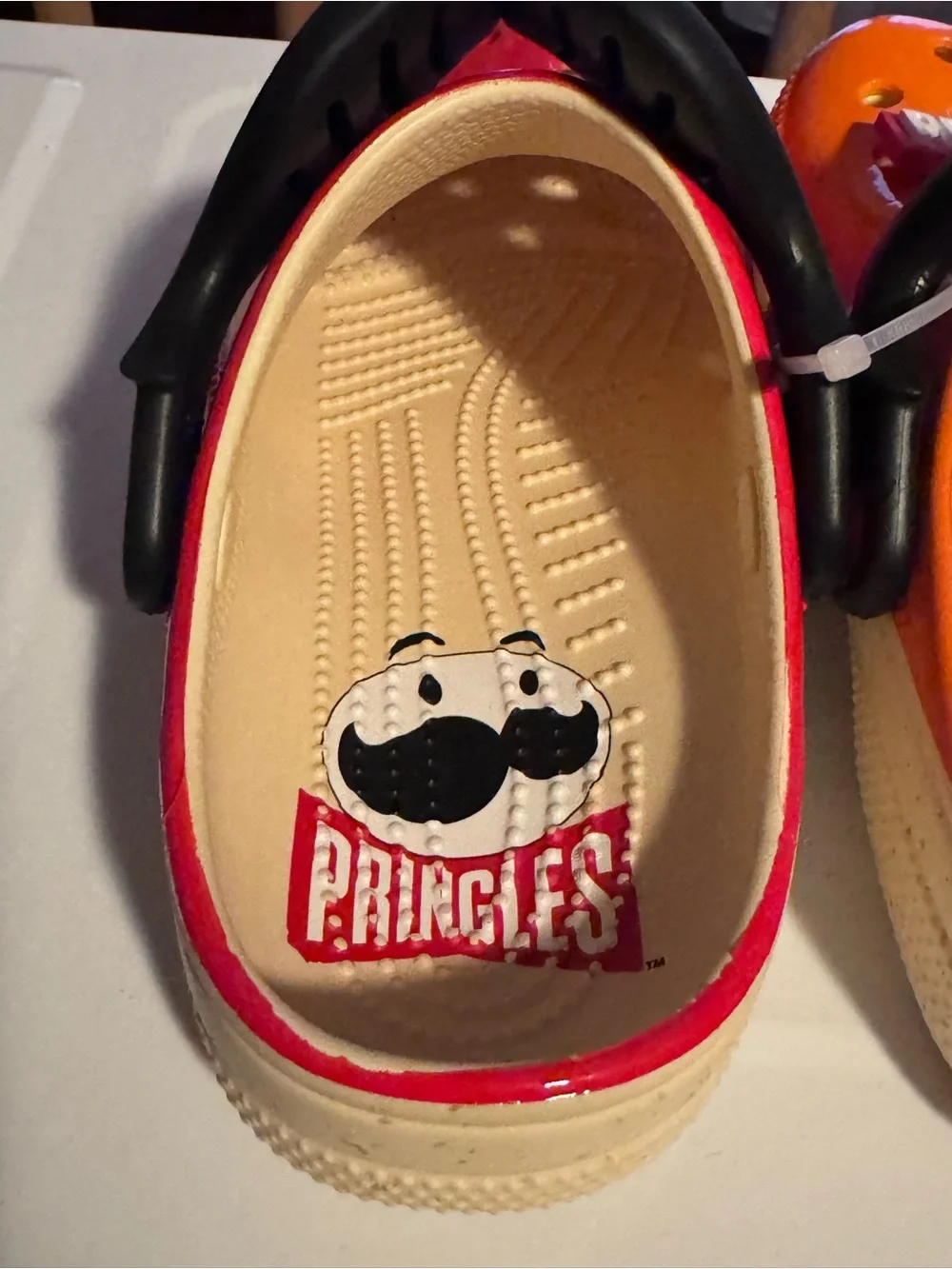 Pringles Crocs Orange and Red Sandals with Black Moustache